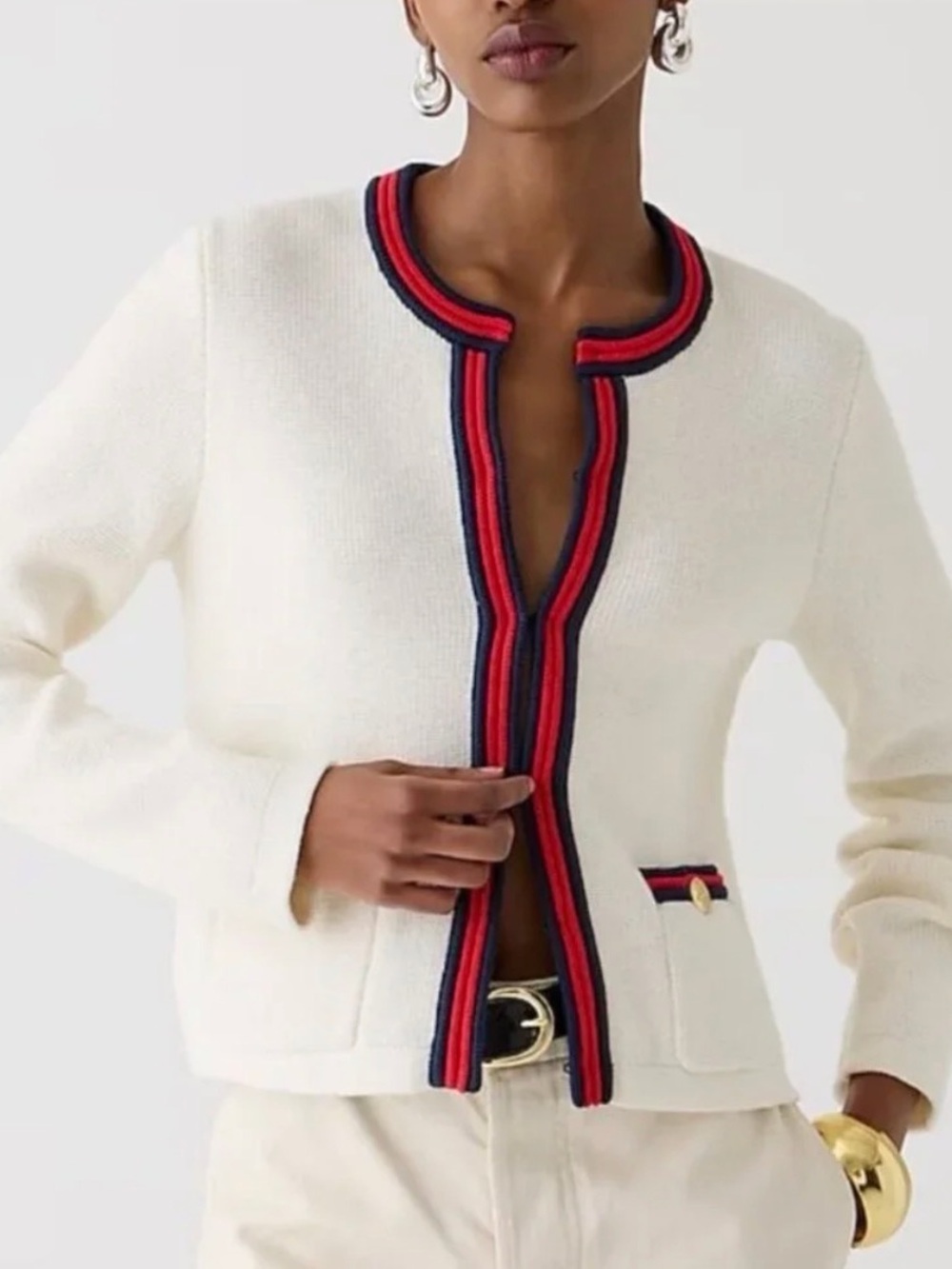 J.Crew Emilie Ivory Contrast Red Trim Lady Jacket Cardigan XXS